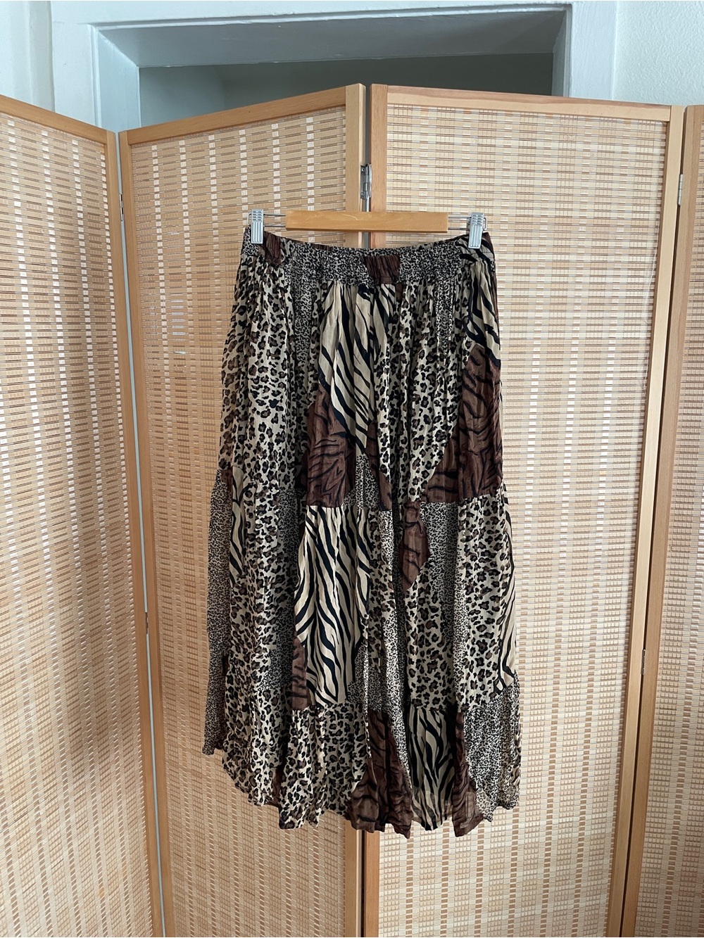 Animal Print Patchwork Maxi Skirt Brown/Beige Cheetah Leopard Size L Vintage